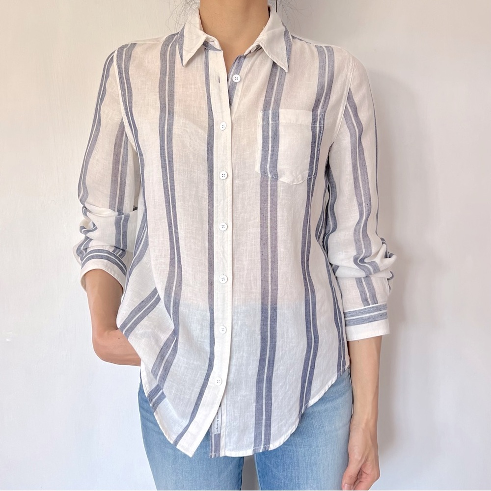 NEW summer white lyocell linen blend striped button up shirt - XS
